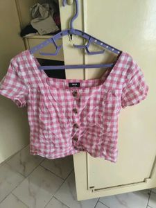 Pink Gingham Square Neck Top