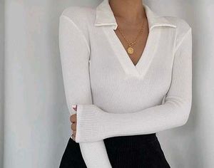 White Ribbed collared Long Sleeve crop Top