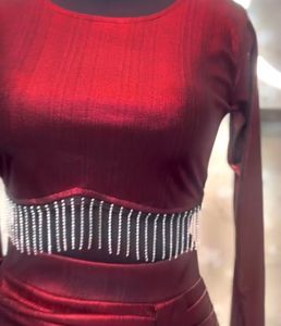 Party wear Maroon Embellished Crop Top &amp; Skirt Set