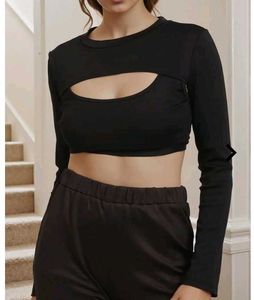 Black Long Sleeve Cutout Crop Top