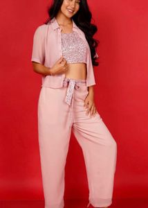 Stunning Pink Sequined Crop Top &amp; Palazzo Set