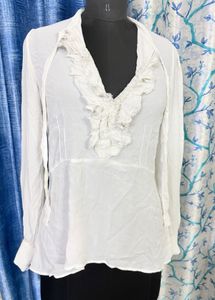 Elegant White Ruffled Neck Blouse