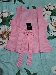 Shein Cute Pink Gingham Sleeveless back bowTop