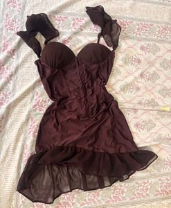 TOMBER AMOUREUX  Brown Corset Ruffle Dress