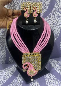 Elegant Pink Kundan Necklace Earring Set
