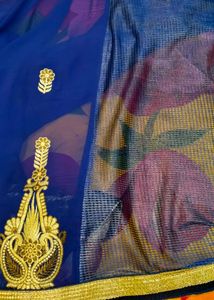 Elegant Royal blue net saree golden embroidery
