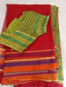 Vibrant Red Saree with Striped Blouse
