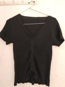 Black Ribbed Ruched V-Neck Top