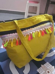 Yellow Tote Bag with Colorful Tassels