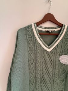 Green Cable Knit V-Neck Sweater
