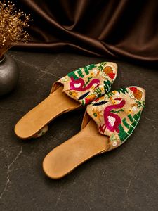 Embroidered Mules with Flamingo Design