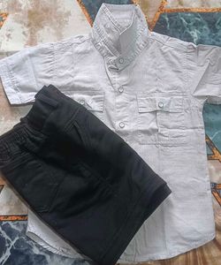 Boys' Blue Checkered Kurta and Beige Pants Set