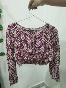 Maroon Printed Crop Top with Full Sleeves