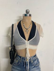 Sheer Polka Dot Ruched Crop Top