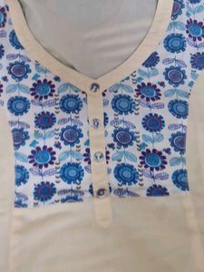 Cream Kurta with Blue Floral Print Yoke
