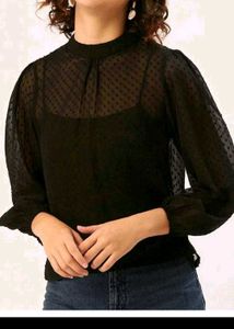 Chic Black Sheer Dot Puff Sleeve Top