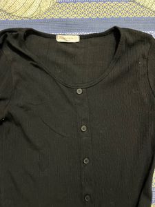 Black Ribbed Button-Up Long Sleeve Top