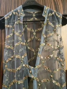 Strap Bustier ,Long Jacket with Drape Skirt