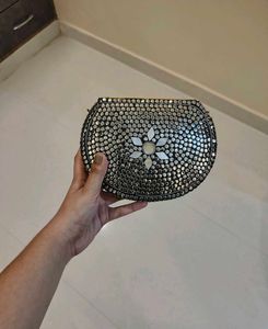 Brand New Silver Mirror Work Metal Clutch Bag
