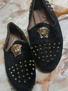 Black velvet studded loafers with gold medusa Embl