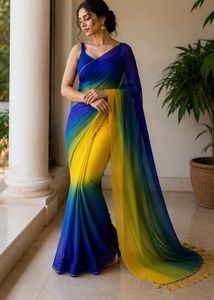 Stunning Ombre Blue & Yellow Georgette Saree