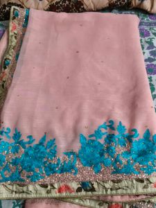 Beautiful Pink Saree with Blue Embroidery