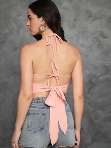 Y2k Pink butterfly Neck Back Tie Crop Top
