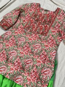 Pink Floral Kurti with Green Patiala Pants