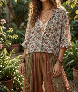 Boho Floral Print Cropped Shirt