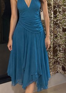 Blue Ruched Halter Neck Midi Dress