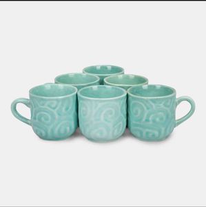 Set of 6 Teal Swirl Ceramic Mugs