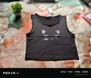 Cute Black Crop Top with Cat Design