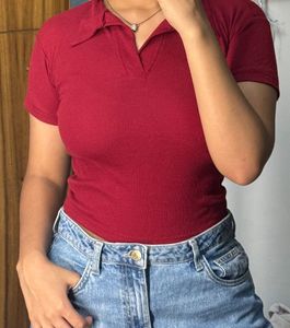 burgundy knit polo collar top