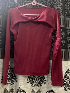 Red Ribbed Cut-Out Twist Top