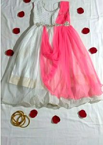 Elegant White & Pink Girls Party Wear Gown |