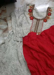 Embroidered Grey Kurta with Red Pants Set