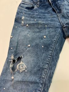 Distressed Pearl Embellished Denim Jeans