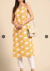 Yellow and white pure cotton Floral printed Kurta
