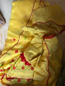 Elegant Gold mekhela sadhor combo with Red Embroid