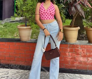 Pink Heart Print Halter Crop Top