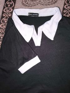 Ribbed Classic Black &amp; White Collared Top