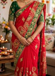 Stunning Red Embroidered Silk Saree lehenga type s