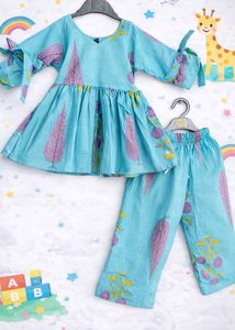 Charming Blue Feather Print Kurta Set