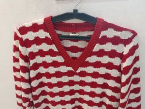 Red and White Striped V-Neck Knit Sweater