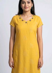 ☀️ Yellow Printed Kurta with Embellished Neckline