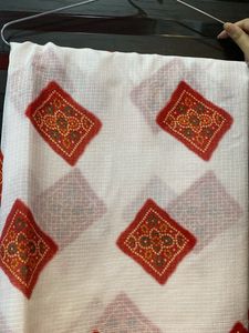 White Saree with Red Bandhani Print