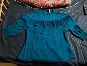 Teal Ruffle Neck Top