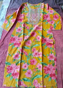 Yellow Floral Print Kurta with Embellished Necklin
