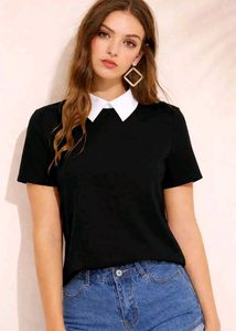 Chic Black Top with White Collar