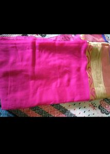 Vibrant Pink Saree d blouse with Gold Border